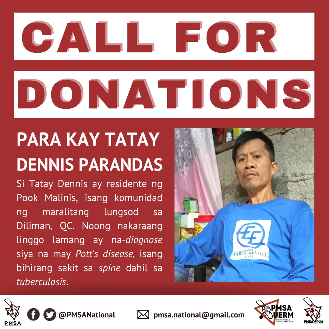 PMSANational's tweet photo. TULONG PARA KAY TATAY DENNIS

Humihingi ng tulong ang PMSA para kay Tatay Dennis Parandas.  Siya ay residente ng Pook Malinis, isang komunidad ng maralitang lungsod sa Diliman. Noong nakaraang linggo ay nadiagnose siya ng Pott's disease na sakit sa spine dahil sa tuberculosis. https://t.co/kSPvGwbyM5