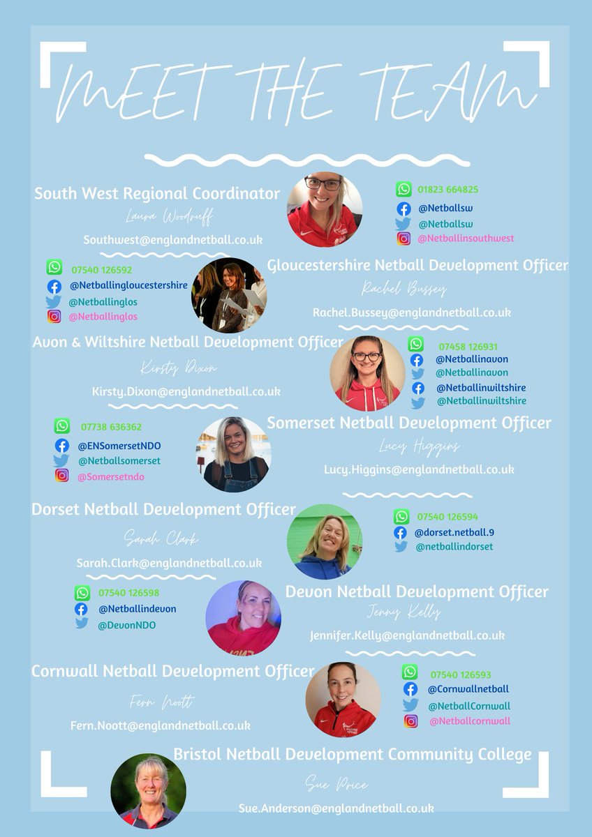 As I mentioned yesterday, here is our complete South West Team with all our contact details 🎉

We are always here if you need and will support you to get netball back onto court!

P.S. you might have to zoom in 👀