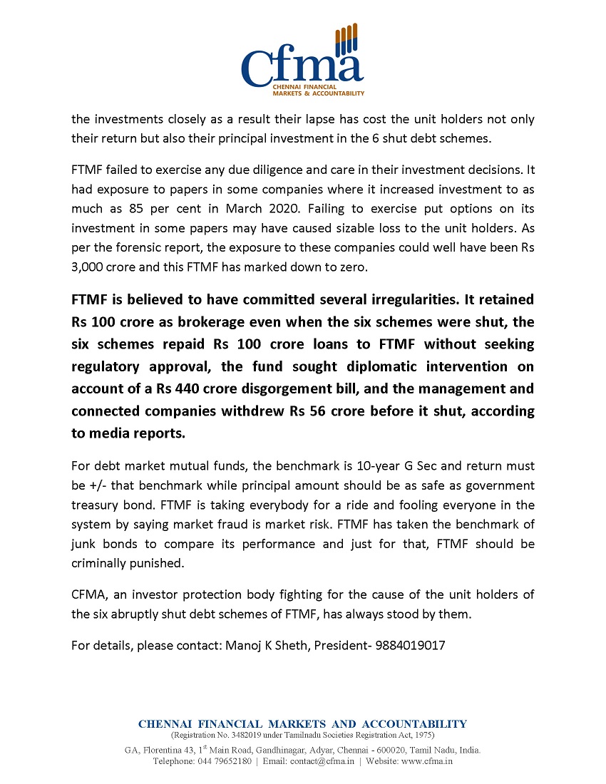 CFMA_1's tweet photo. When will Franklin Templeton Mutual Fund repay the balance amount of over Rs 14000 crore to the unit holders of the sic shut debt schemes?
@palakshahjourno @jaysh88 https://t.co/5x9LNU1TvD