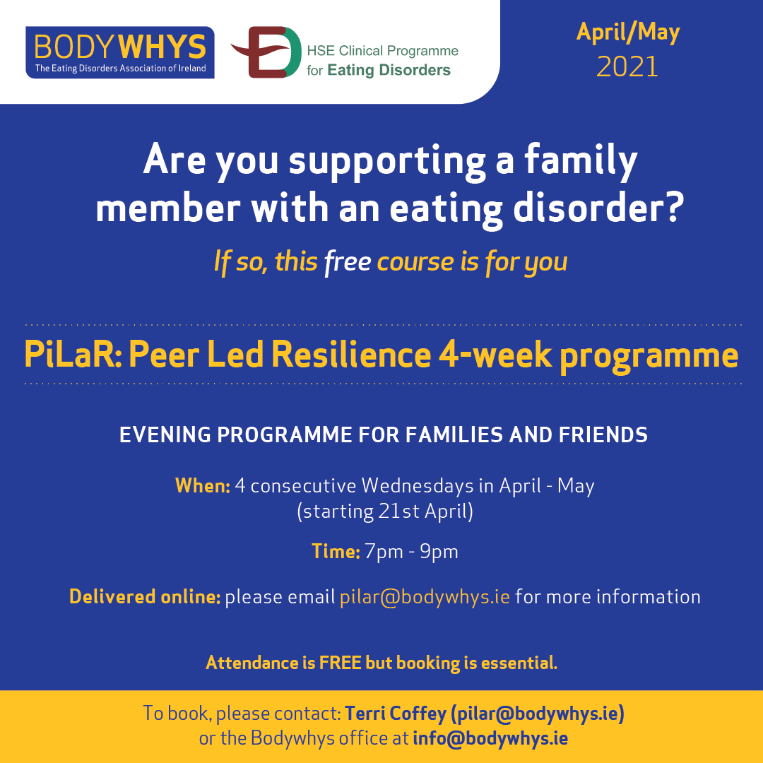 Bodywhys (@bodywhys) on Twitter photo Our next PiLaR programme for family members, parents and carers starts on Wednesday, April 21st 2021, running from 7-9pm. To book a free place, please contact pilar@bodywhys.ie <a href="/NCP_ED/">National Clinical Programme Eating Disorders</a> <a href="/DrMClifford/">Michelle Clifford</a> <a href="/HarrietParsons/">Harriet Parsons</a> bodywhys.ie/supporting-som… Our next PiLaR programme for family members, parents and carers starts on Wednesday, April 21st 2021, running from 7-9pm. To book a free place, please contact pilar@bodywhys.ie <a href="/NCP_ED/">National Clinical Programme Eating Disorders</a> <a href="/DrMClifford/">Michelle Clifford</a> <a href="/HarrietParsons/">Harriet Parsons</a> bodywhys.ie/supporting-som…