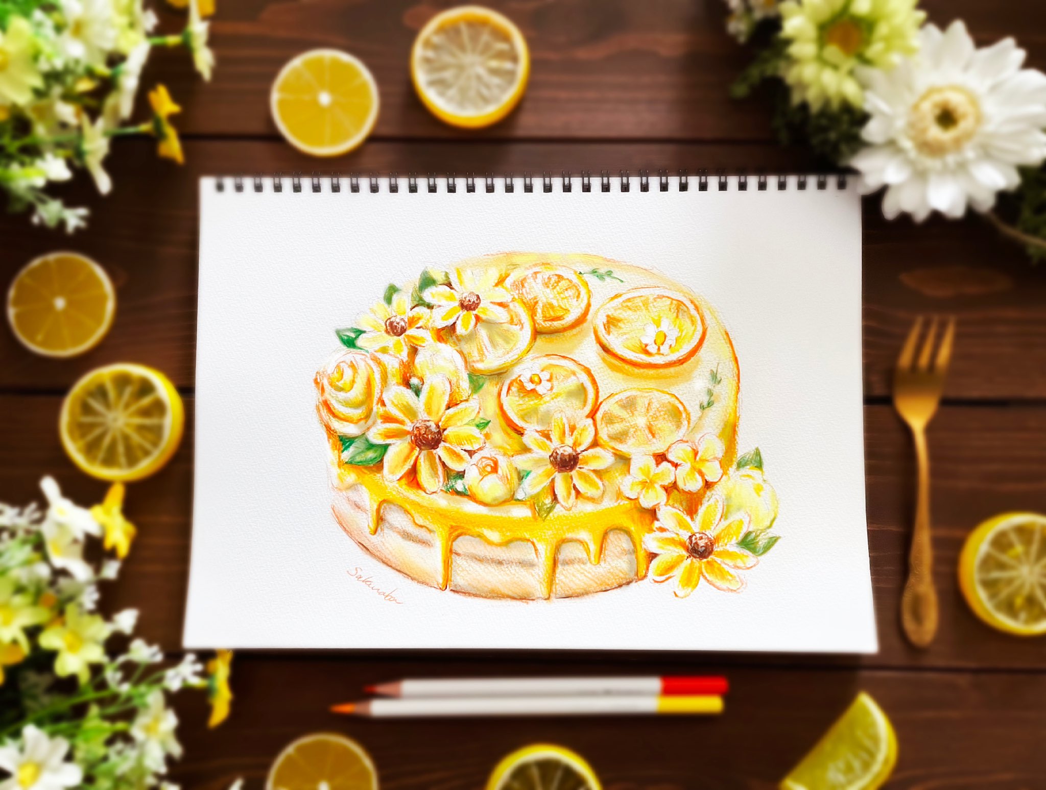 Sakuraba 京都ﾛﾌﾄ7月9日頃まで延長 デイジーとレモンのケーキ フワフワのスポンジに たっぷりのレモンソースをかけて デイジーとカットレモンをトッピング 春 花 レモン イラスト ケーキ スイーツ 色鉛筆 色鉛筆イラスト イラスト好きな人