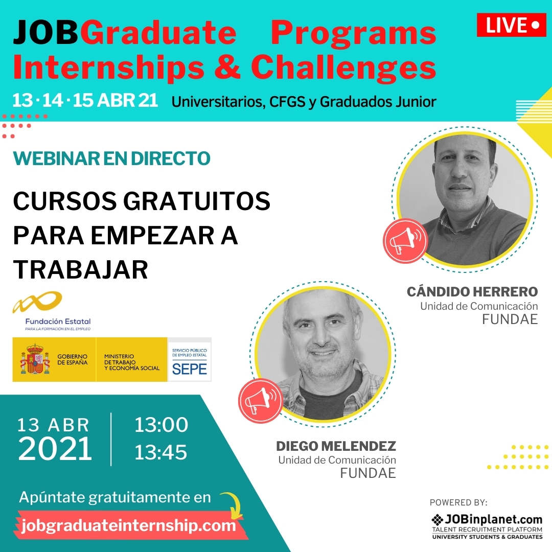 empleo_SEPE's tweet photo. 🔴 EN DIRECTO | Inscríbete y participa ya en el seminario impartido por el #SEPE y @fundae_es en #JobGraduate:
🔷Cursos gratuitos para empezar a trabajar
INFO 👉 https://t.co/eXcVLLxgJa
Inscríbete 👉 https://t.co/vQ02ZLLrxW
#MercadoDeTrabajo #Digítalizate #FormaciónDigital https://t.co/D99piLyyPq