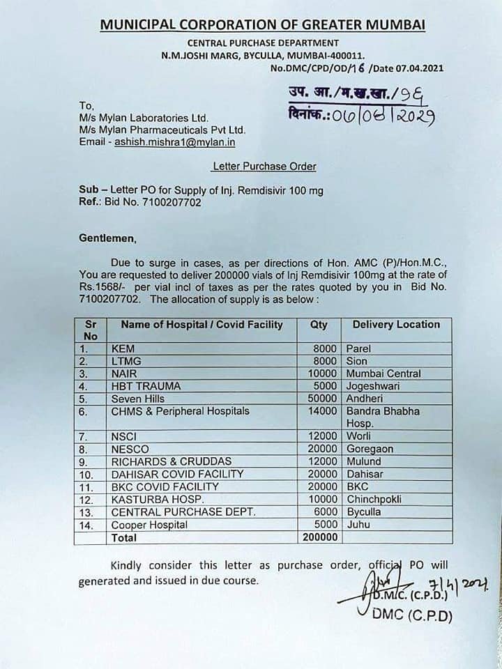 go4avinash's tweet photo. BMC buys #Remdesevir injections at 1,568 rupees per vial from #Haffkine, which Haffkine itself had quoted for 665 rupees per vial. Why this kolaveri ? https://t.co/LtOG4bsveb