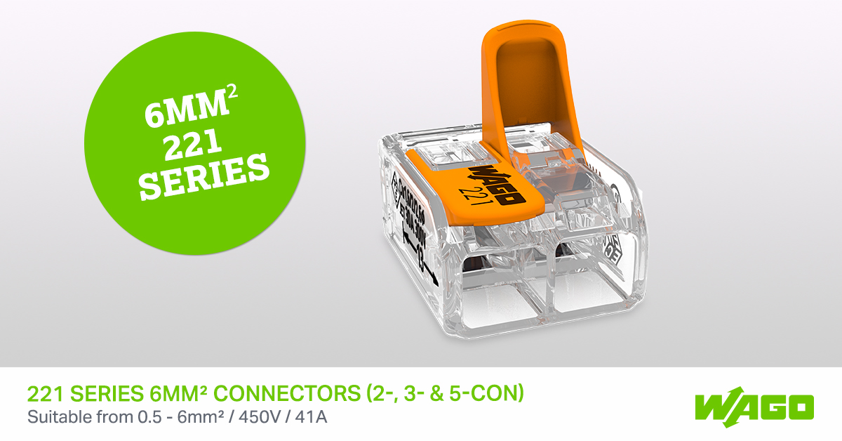 WAGOUK's tweet photo. The 6mm² 221 connector offers a quick &amp; safe connection for all conductors from 0.5 - 6mm²! Available in 2-, 3- &amp; 5-con versions &amp; are rated up to 41A / 450V. 

Perfect for devices that require higher levels of power consumption &amp; safely install long cable runs.

#wago #WeConnect https://t.co/A9b0GDaW0t