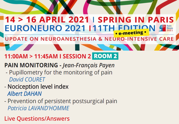 MedasenseLtd's tweet image. Don&apos;t miss out on the #NOL talk at #euroneuro2021 tomorrow (Apr. 14) with Prof. @Albert Dahan (@LUMC_Leiden). Log in 11:00 CET for the PAIN MONITORING session, Room 2, followed by live Q&amp;amp;A to take your questions for the panel! euroneuro2020.files.wordpress.com/2021/04/progra…
 #anesthesia @EuroneuroParis