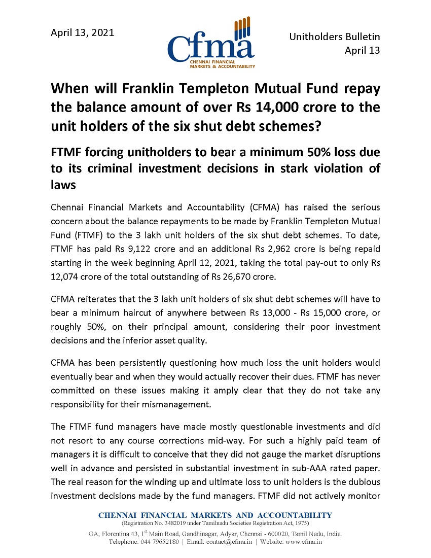 CFMA_1's tweet photo. When will Franklin Templeton Mutual Fund repay the balance amount of over Rs 14000 crore to the unit holders of the sic shut debt schemes?
@ParthaSTOI @swatidTOI @TOIIndiaNews
@SidharthaRoyTOI @timesofindia @rajeshmET @EconomicTimes @ReenaZeeET @shivanibazaz @sugataghoshET https://t.co/X372Vragn8