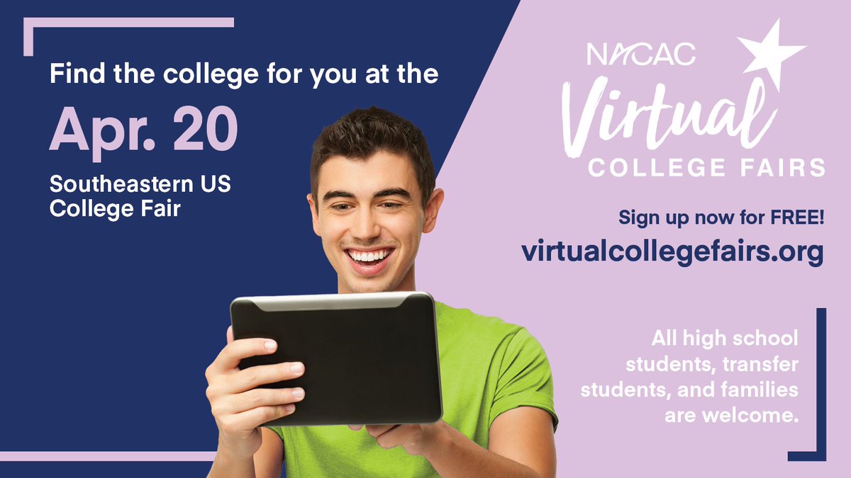 Ready to start the college search? Join a #NACAC Virtual College Fair to hear from 300+ colleges and universities! Sign up for this FREE event today at virtualcollegefairs.org! #NACACFairs #collegeadmissions