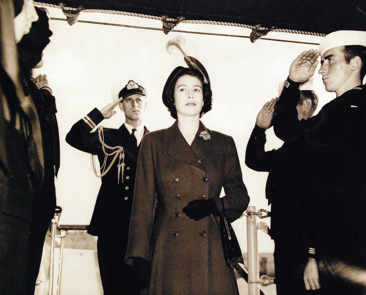 Princess Elizabeth and the Duke of Edinburgh visit the USS Des Moines in Valletta, Malta, in January 1950. Philip was stationed in Malta from 1949 after being posted as 1st Lt on HMS Chequers in the Mediterranean Fleet and Elizabeth worked with the <a href="/SSAFA/">SSAFA</a> at Auberge de Castile.