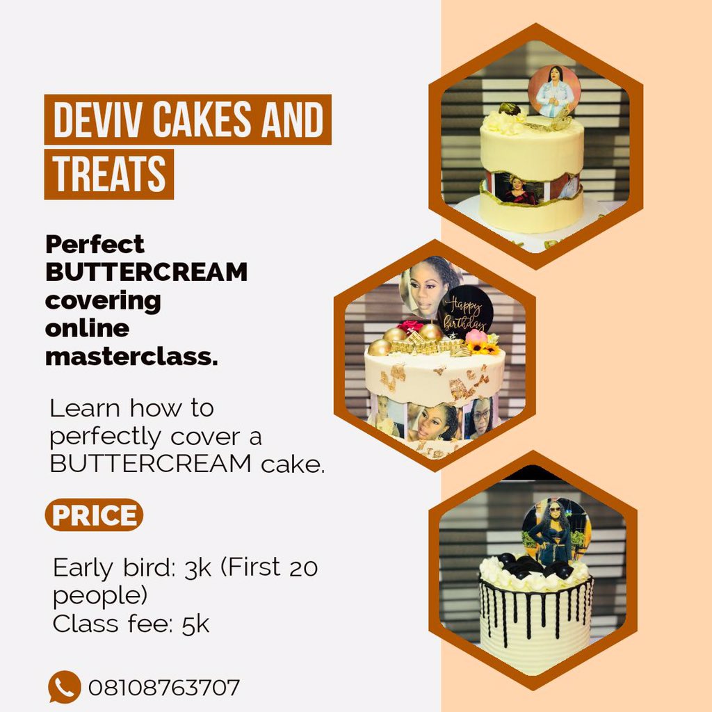devivcakesandt1's tweet photo. Take your cake game to a whole new level💯💯💯
Come learn perfect buttercream covering for a token. 
Venue: online 
Time lapse: 2days 
Bonus : Moist redvelvet recipe

Don’t miss this.. 
Check flier for details 
@theKapitalPlug 
@abujastreets 

#AbujaTwitterCommunity 
#AERA21 https://t.co/WcyPAiFBFx