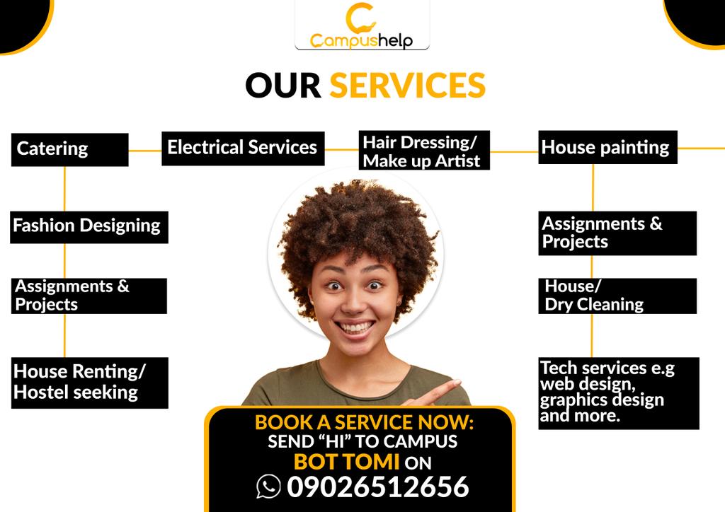 HelpCampus's tweet image. CampusHelp is a service listing system in Tasued i.e *_on CampusHelp you can get Service Providers who can provide any service you want and also you can get Service seekers who would need your services on campus
SAY HI TO TOMI  
wa.link/3a5egc
#Airdrop #tasued #startups