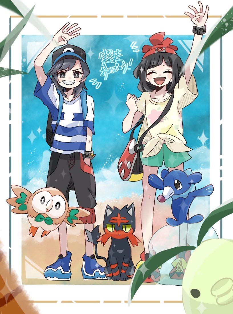 elio (pokemon) ,litten ,popplio ,rowlet ,selene (pokemon) 1girl 1boy shirt hat tied shirt shorts pokemon (creature)  illustration images