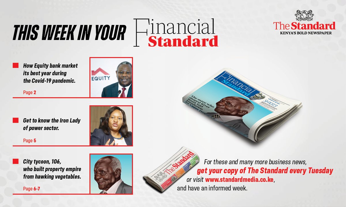 KTNNewsKE's tweet photo. You don't need an MBA to keep up with the latest business news.
Grab a copy of this week's #FinancialStandard pullout magazine or subscribe to the E-paper on https://t.co/7eAYh5QxKD to get the business smarts.
#SettingTheStandard https://t.co/KIX3AYBRdA