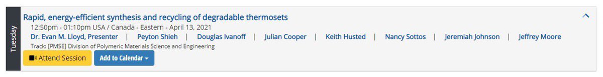 johnsonchem's tweet photo. Are you attending #ACSSpring2021 ?
If so, make sure to check out this talk by @MooreGroupUIUC and our own @Peyton_Shieh + Keith on Rapid Energy-Efficient Synthesis and Recycling of Degradable Thermosets this afternoon (12:50 EST)!
#polymerchem https://t.co/ghvpR3ESnx