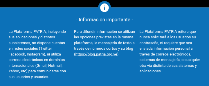 #ULTIMAHORA La Plataforma Patria coloca información importante a los Usuarios y Usuarias del @CarnetDLaPatria a no dar sus datos personales a persona lean el comunicado. #VictoriaPopularRebelde @NicolasMaduro @Mippcivzla @ViceVenezuela