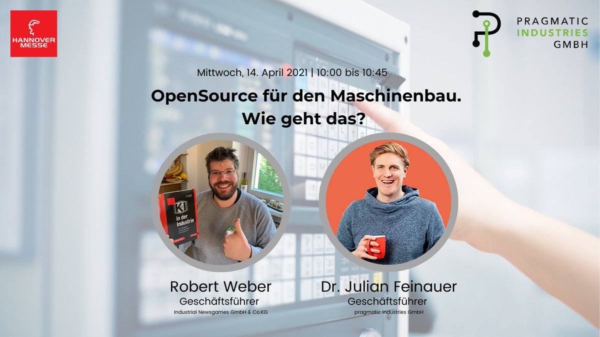 Nicht verpassen☝🏻 #OpenSource für den #Maschinenbau - wie geht das? @jfeinauer2 im Dialog mit <a href="/Robert_Weber_/">Robert</a> auf der <a href="/HANNOVERMESSE/">martin</a> Digital 2021. Schon angemeldet?🤔Hier geht es zur kostenlosen Anmeldung👉🏻hannovermesse.de/veranstaltung/… #OpenInnovation #Industrie40 #KI #HM21
