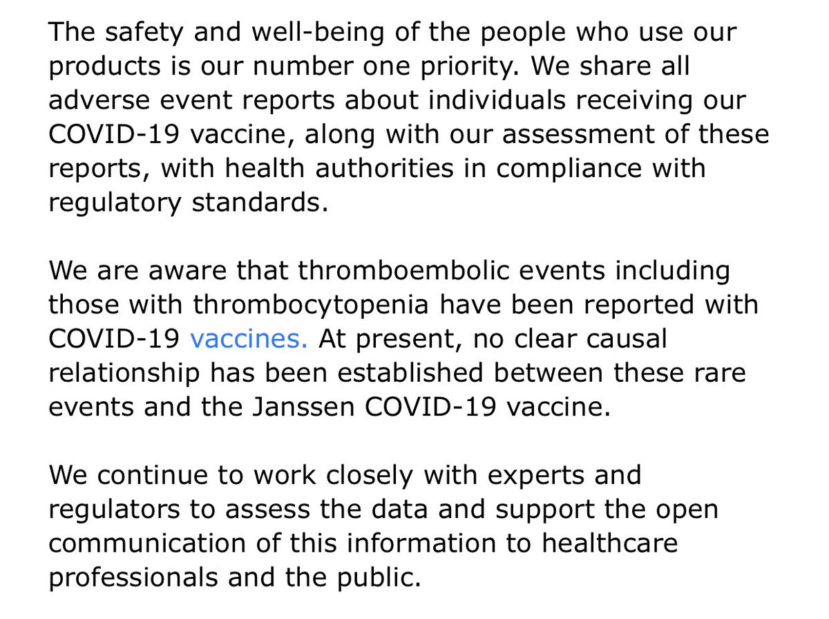 CDC and FDA recommend pause in J&J  #covid19 vaccine in the US after reports of six cases of blood clots. J&J statement: