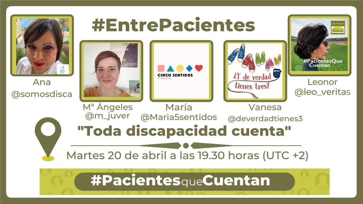 El próximo martes regresa un nuevo episodio de #EntrePacientes. Porque la tan mencionada #igualdad no se aprecia en las políticas de #discapacidad. 
"Toda discapacidad cuenta".
Contaremos con estas invitadas, y por supuesto con vosotros.
#pacientesquecuentan 
#MartesVisibles