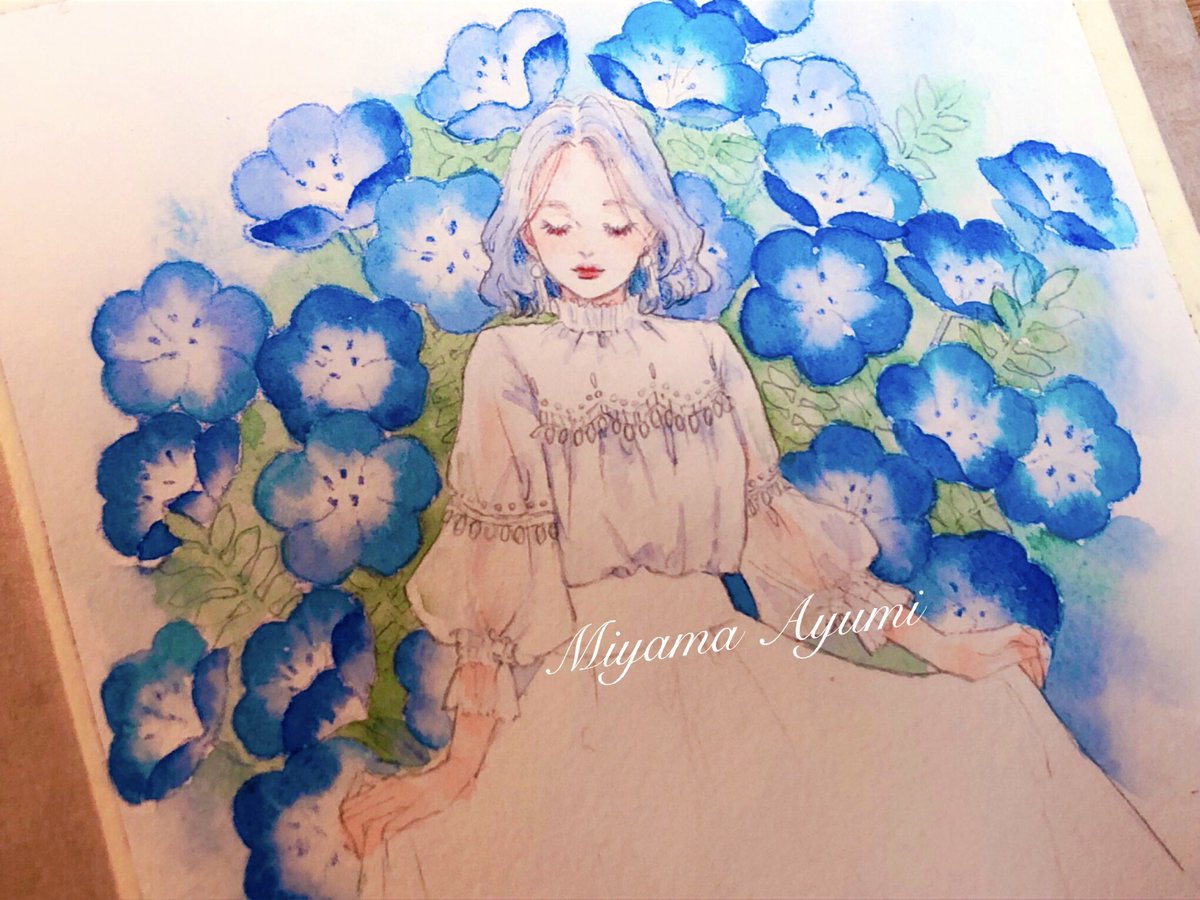 「ネモフィラ
「可憐」「あなたを許す」
#花kotoba 」|miya(ミヤマアユミ)のイラスト