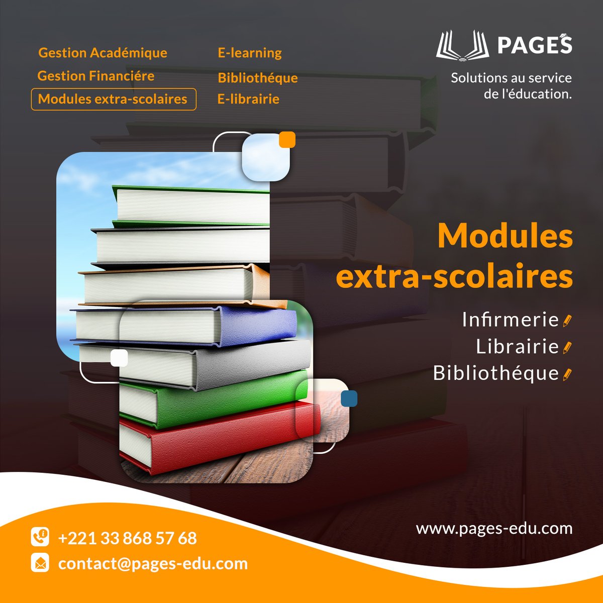 PlateformePages's tweet photo. Notre plateforme vous facilite la gestion académique de vos établissements.
PAGES intègre un module extra-scolaire qui prend en compte l'Infirmerie, une bibliothèque virtuelle.
Tel: 33 868 57 68
#education #ecole #groupeafridev #gestionacadémique #Senegal #Administration https://t.co/J5XzmFvzkz