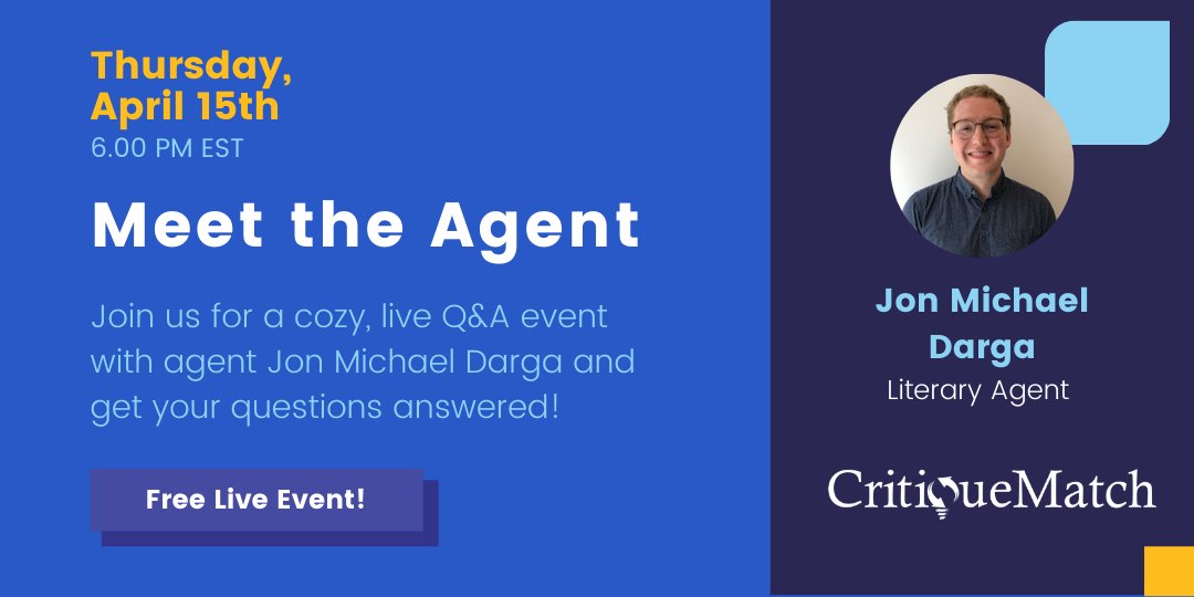 CritiqueMatchNY's tweet photo. #amquerying writers! Join our discussion with literary agent and former Penguin Random House editor Jon Michael Darga, and get your agent/editor-related questions answered!

Register for free at:
https://t.co/Su3rdxMRpU

@jmdargz
#amwriting
#writingcommunity #literaryagent https://t.co/twLTwdpw5x