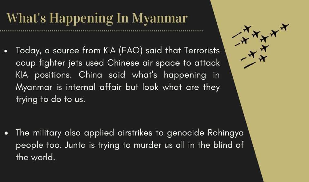 PS1Q88's tweet photo. NO FLY ZONE must be implemented !!!
Civilians are dying due to these attacks everyday.The UN needs to implement NO FLY ZONE in Myanmar immediately to protect war crimes and crimes against humanity.
#NoFlyZoneInMyanmar
#Apr13Coup 
@UN @RapporteurUn https://t.co/NXySI7erP7