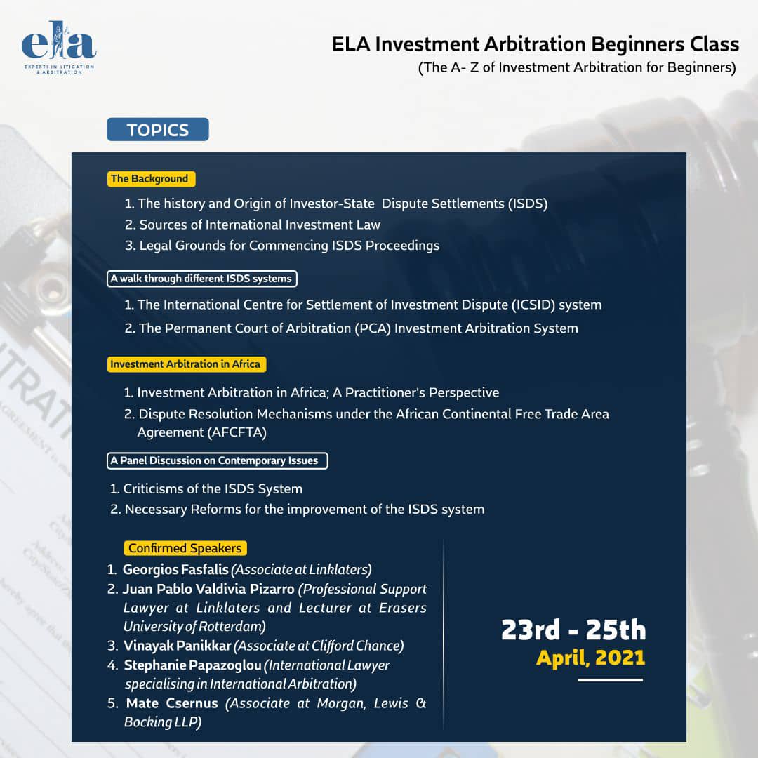 Experts_in_LA's tweet photo. We are glad to announce the ELA Investment Arbitration Beginners Class scheduled to hold next week.

This event is meant for all and sundry. We have seasoned speakers equipped to teach the basics of Investment Arbitration.

It is free! https://t.co/qyfQvVM06q