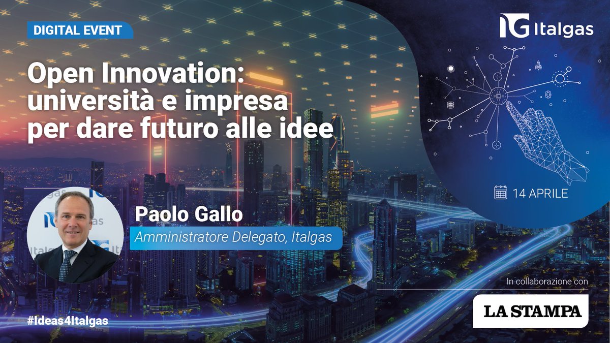 Italgas's tweet photo. "Open Innovation: università e impresa per dare futuro alle idee". L'AD #PaoloGallo parteciperà il 14 aprile alle 16:00 alla tappa conclusiva di #Ideas4Italgas: la call per le startup con @I3P_Torino @LaStampa @PoliTOnews e @microsoftitalia: https://t.co/Gv48yD41IA
#DigItalgas https://t.co/WZONI60USo