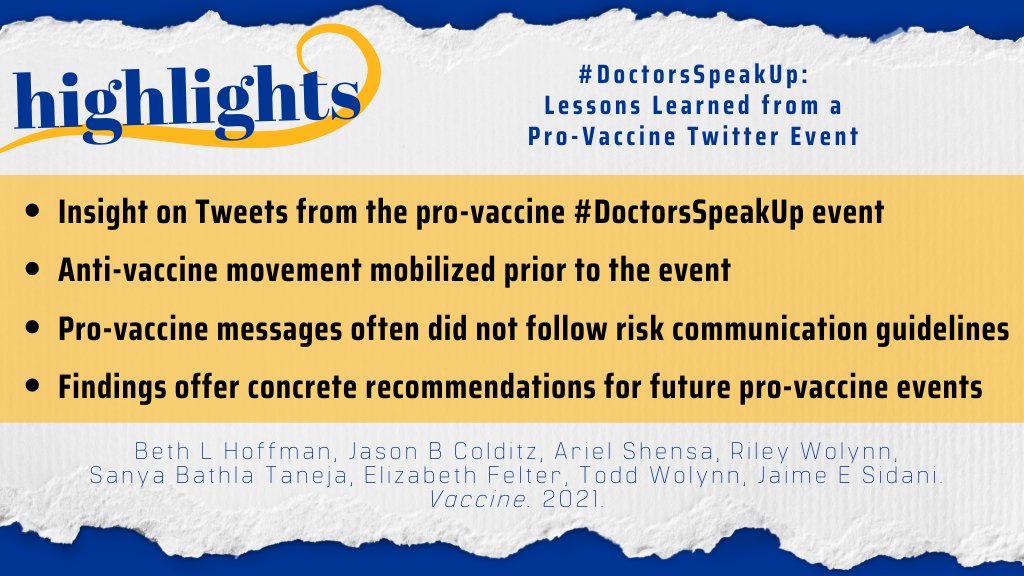 What happened when health professionals tried to combat anti-vaccine sentiment on social media? We studied tweets related to the  #DoctorsSpeakUp event to see who used the hashtag, what % were pro- vs anti-vaccine, & tweet content.  Thread 1/7  https://www.sciencedirect.com/science/article/pii/S0264410X21003650