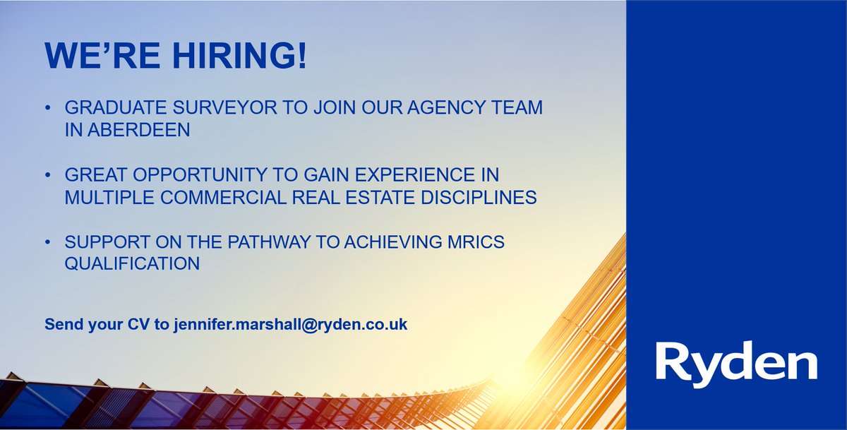 📢WE'RE HIRING📢We're recruiting a Graduate Surveyor for our Agency team in Aberdeen. You will have a great opportunity to work within an experienced transactional team of chartered surveyors, supporting the office and industrial agency teams.

Apply now! ryden.co.uk/careers/vacanc…