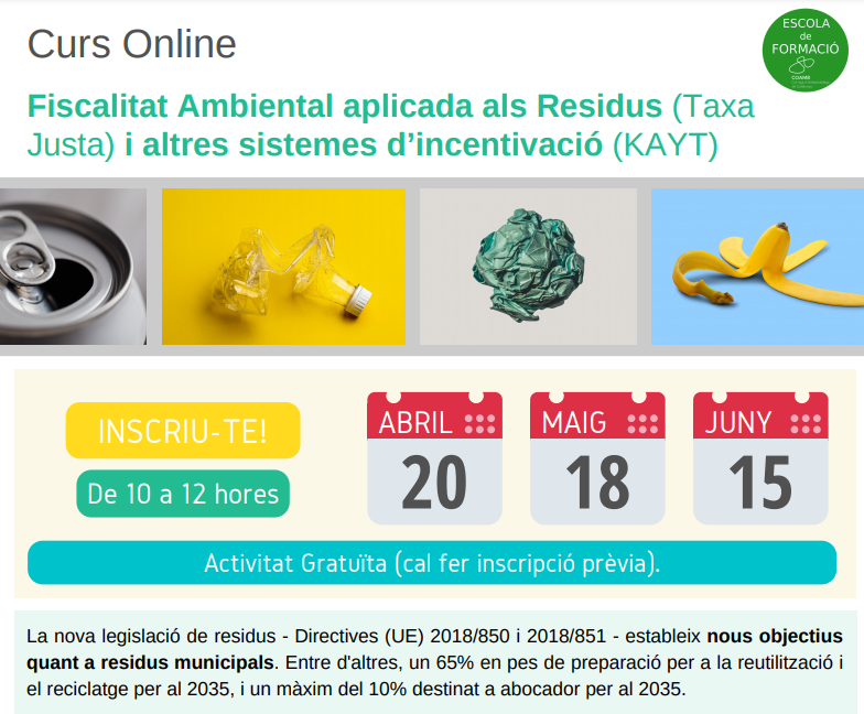 residuscat's tweet photo. Curs en línia "Fiscalitat Ambiental aplicada als #Residus (#TaxaJusta) i altres sistemes d’incentivació".

Calendari de sessions: 20/04, 18/05 i 15/06
Organitzat pel @COAMBcat, @REthinkWasteRTW, @XarxaSost i @residuscat.

Informa-te'n: https://t.co/1AbQ3AVVuy https://t.co/12l9Zzpzuv