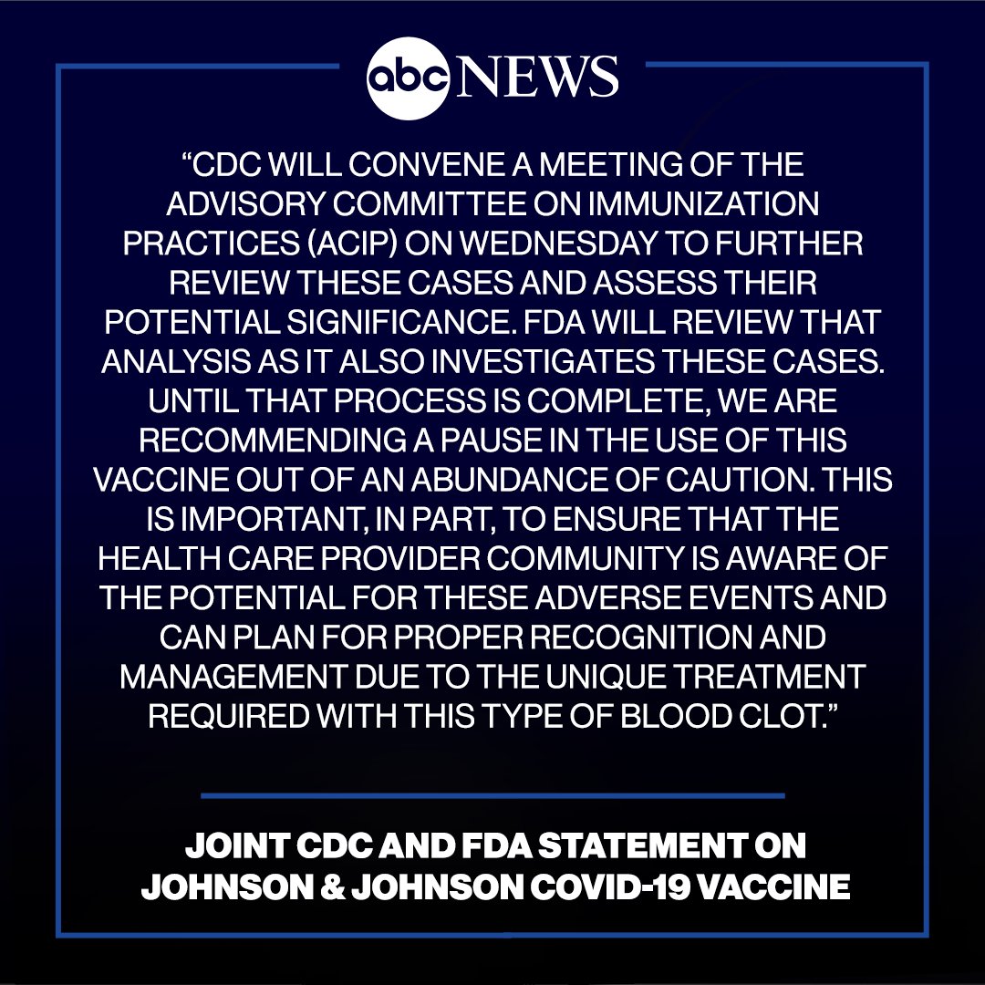 Joint CDC and FDA statement on Johnson & Johnson COVID-19 vaccine: “We are recommending a pause in the use of this vaccine out of an abundance of caution.”  https://abcn.ws/3a6k8eN 
