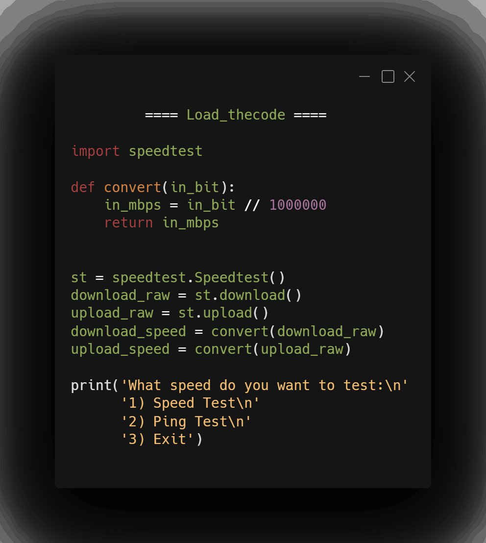 load_thecode's tweet image. Check internet speed in #Python3 
Have a great day!

#100DaysOfCode
#100daysofcodechallenge #Python
#DEVCommunity #Developer #pythonlearning #Coding
#pythondeveloper #datastructure
#programmers #pythonprogramming