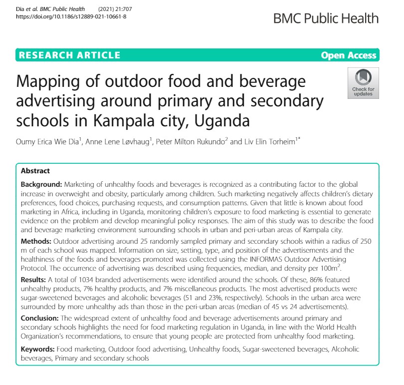 Schools in Kampala, Uganda are surrounded by marketing of unhealthy foods, beverages and alcohol creating unhealthy #FoodEvironments. #bigfood See our latest #research published in #BMCPublicHealth. <a href="/erica_wie/">Erica Wie Dia</a>, <a href="/annelene_lov/">Anne Lene Løvhaug</a>, Peter Rukundo. <a href="/_INFORMAS/">INFORMAS</a> rdcu.be/cizXA