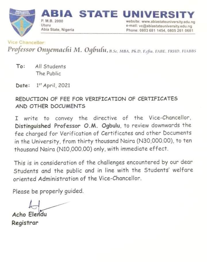 absuvilla's tweet photo. Incredible: Absu Vc Prof Ogbulu reduces verification of result ,Transcript and others from 30k to 10k. https://t.co/ew7wtDhriK