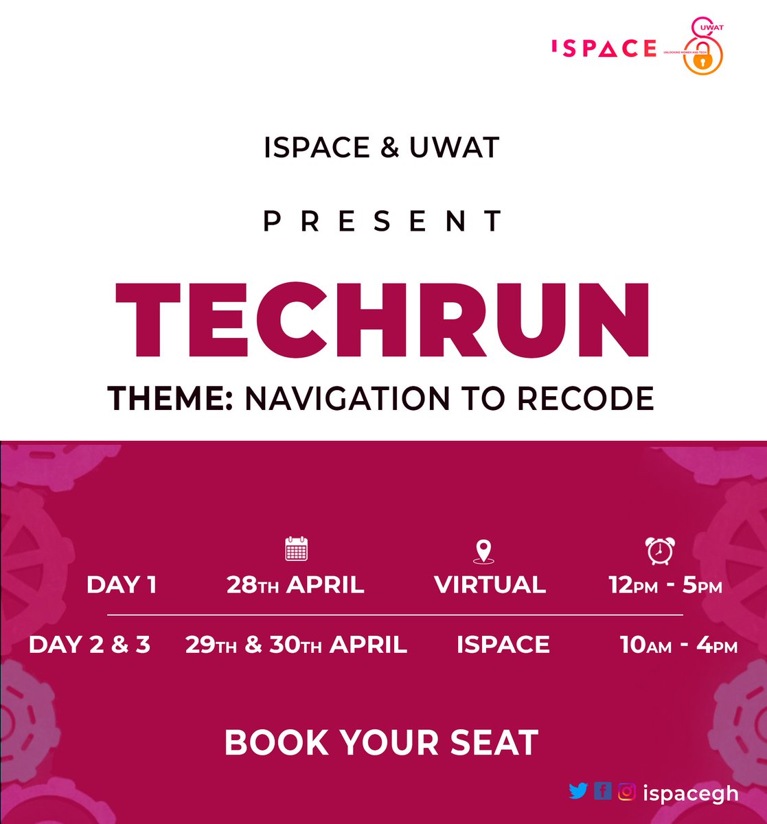 iSpaceGh's tweet photo. Are you a mid-level developer looking to skill up and boost your resume? 

Apply for the TechRun Bootcamp session by @iSpaceGh and supported by @unlockingwat1

Join us on the 28th - 30th of April 2021 as we Navigate To Recode. 

Register Here:https://t.co/LOJ0JPxxjW https://t.co/kZyVSoEArm