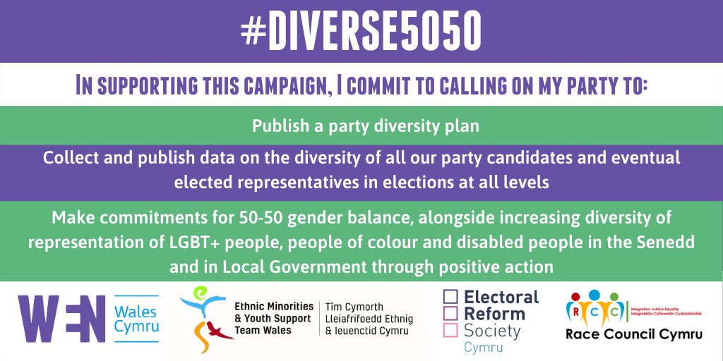 I'm backing the #Diverse5050 campaign to make sure that politics reflects the diversity of Wales. 

There's a huge amount to be done by all parties in Wales to make sure politics and civic life is meaningfully accessible and inclusive. 

@WENWales @erscymru @rcccymru @eystwales