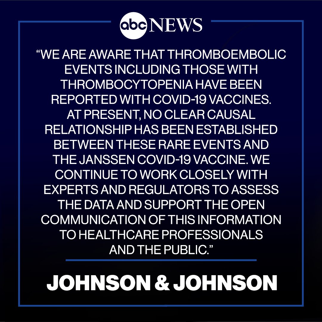 Johnson & Johnson: “At present, no clear causal relationship has been established between these rare events and the Janssen COVID-19 vaccine.”  https://abcn.ws/3a6k8eN 