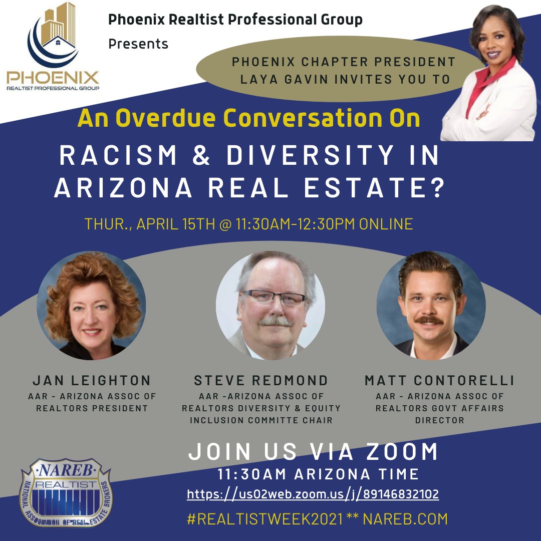 MGbaseintel's tweet image. It's past time to talk about it.  Join Phoenix Realtist Professional Group (NAREB local chapter) as we talk with key members of the Arizona Association of REALTORS about this important topic.

Join Zoom Meeting
us02web.zoom.us/j/89146832102

#realtistweek #fairhousing