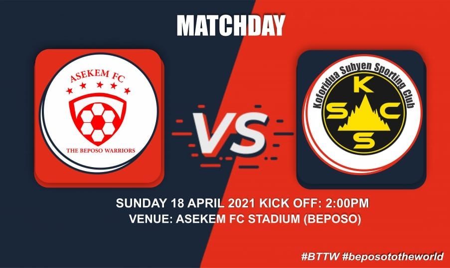AsekemFC's tweet photo. 18th April 2021, we face Koforidua Suhyen Sporting club at 2:00pm in Beposo. 

#asekem #bttw #beposototheworld #ghanapl #bringbackthelove https://t.co/yDjzROFdn6