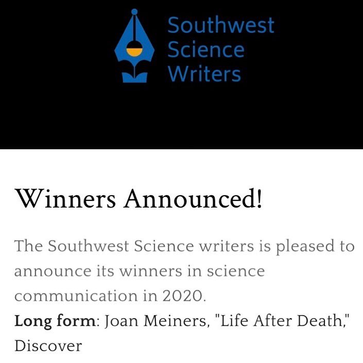 beecycles's tweet photo. I just found out I won the Southwest Science Writers Assoc.’s award for best long form #sciencewriting of 2020! I was in the wilderness pondering the #environment when they announced it at the online awards ceremony, of course. (Sorry!) But I’m very honored &amp; excited. #scicomm https://t.co/xYUAxX5xM2