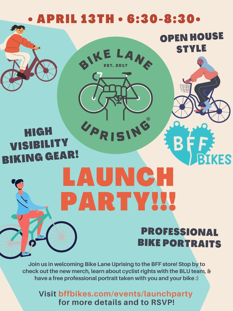 bikelaneuprise's tweet photo. LAUNCH PARTY 🎉 Join us to today to celebrate BFF Bikes being the first ever retailer of our Bike Lane Uprising merchandise! 

Get a portrait with you &amp; your bike! Free BLU sticker for anyone who comes dressed for glamour shots.

RSVP https://t.co/zNIKPWOJIB https://t.co/suTjCXKlbS