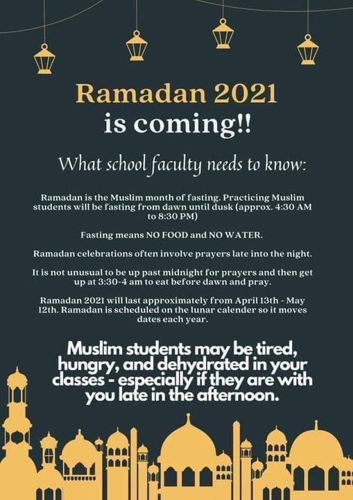 MarshallRamsESL's tweet photo. Ramadan Mubarak! Teachers, here is some helpful information about Ramadan. @NISDMarshall @NISDMarshallLMS https://t.co/7af23IupD2