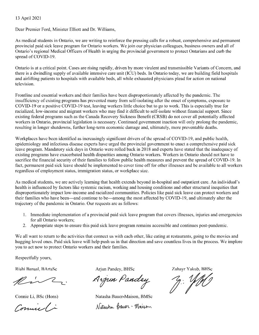 This morning, we sent an open letter to <a href="/fordnation/">Doug Ford</a> <a href="/celliottability/">Christine Elliott</a> and Dr. Williams on the behalf of over 600 medical students advocating for #PaidSickLeave in Ontario.

We’re at a breaking point in this pandemic, and things won’t change unless our policies adapt.