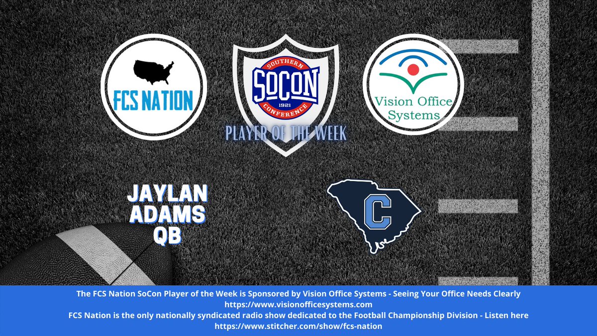 VOS_Equipment's tweet photo. Congratulations to @CitadelFootball QB @Jaylan_Adams on being selected as the @FCSNationRadio1 SoCon Player of the Week sponsored by Vision Office Systems - Seeing your office needs clearly since 1997! #FCS #fcsfootball #Citadel #SoCon #SouthernConference https://t.co/HD8uzl2rMu