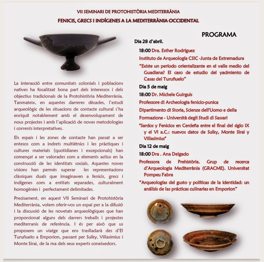 En un parell de setmanes tindrà lloc la conferència inaugural del VII Seminari de Protohistòria Mediterrània. Serà el dia 28 d'abril! 
Ens ajudeu a fer-ne difusió? 📢
Us hi esperem!