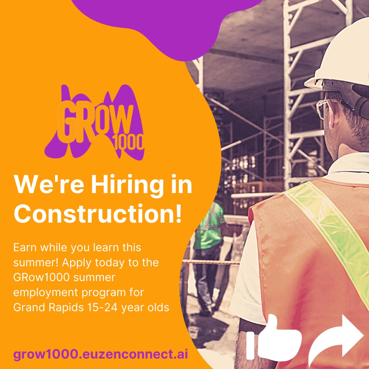 Apply to land one of hundreds of summer jobs as part of the 2021 GRow1000 program!

Excited to partner with The City of Grand Rapids to help youth and young adults build a strong career foundation.

Learn more and apply to the program here:
ow.ly/B1LP50Eaauk

Like &amp; Share!