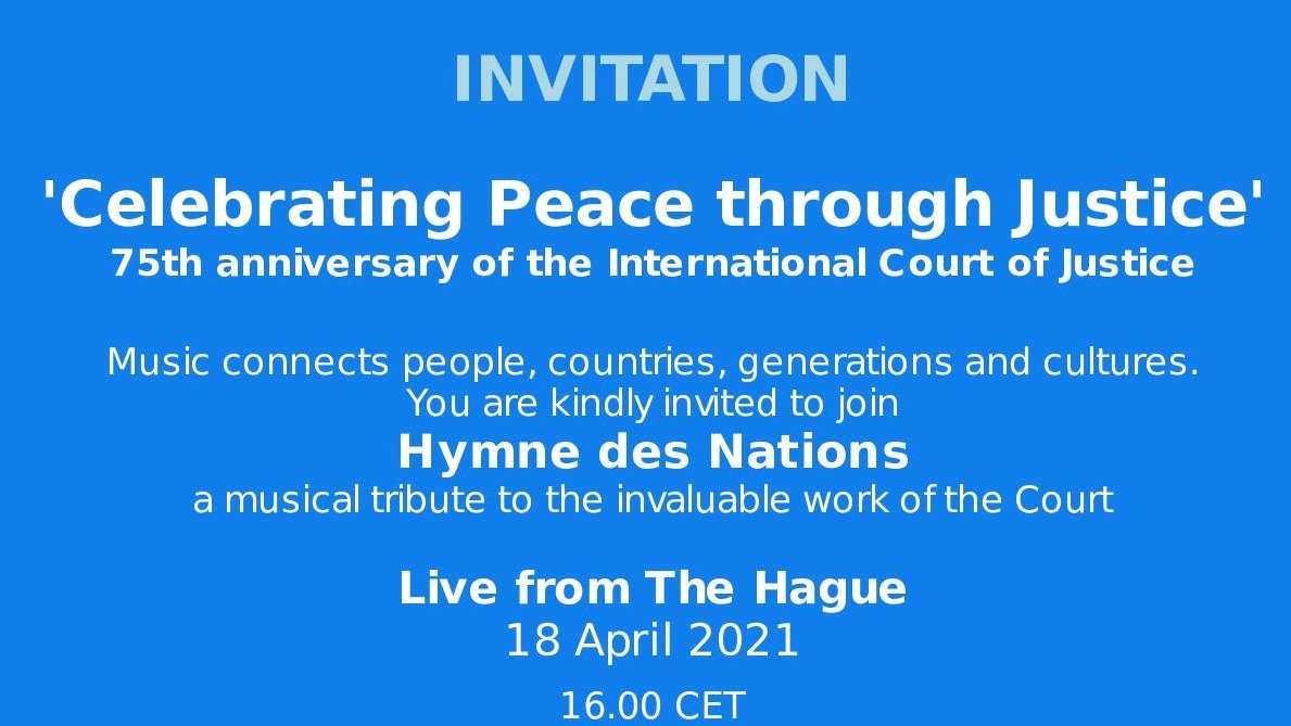 This Sunday, settle in for a spectacular <a href="/HagueTalks/">Hague Talks</a>, a musical tribute to honour #ICJ75. Let's celebrate #peacethroughjustice. Livestream + information: bit.ly/HTICJ75

<a href="/CIJ_ICJ/">CIJ_ICJ</a> <a href="/DutchMFA/">Dutch Ministry of Foreign Affairs 🇳🇱</a> <a href="/MinisterBlok/">Stef Blok</a> <a href="/jan_vanzanen/">Jan van Zanen</a> <a href="/Museon/">Museon-Omniversum</a> <a href="/GemeenteDenHaag/">Gemeente Den Haag</a> <a href="/VN_benelux_nl/">Verenigde Naties</a> <a href="/impact_un/">UN Youth Impact</a>