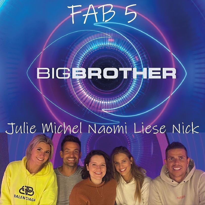 katrien_pg's tweet photo. FAB5 of Big Brother 2021 #BigBrotherNLBE @JVanderzijl @HennipmanMichel @naomitimmerman_ @Liese_Luwel @Nick_Kraft1990. Bedankt voor al jullie mooie momenten! https://t.co/GyC2JWyOo8