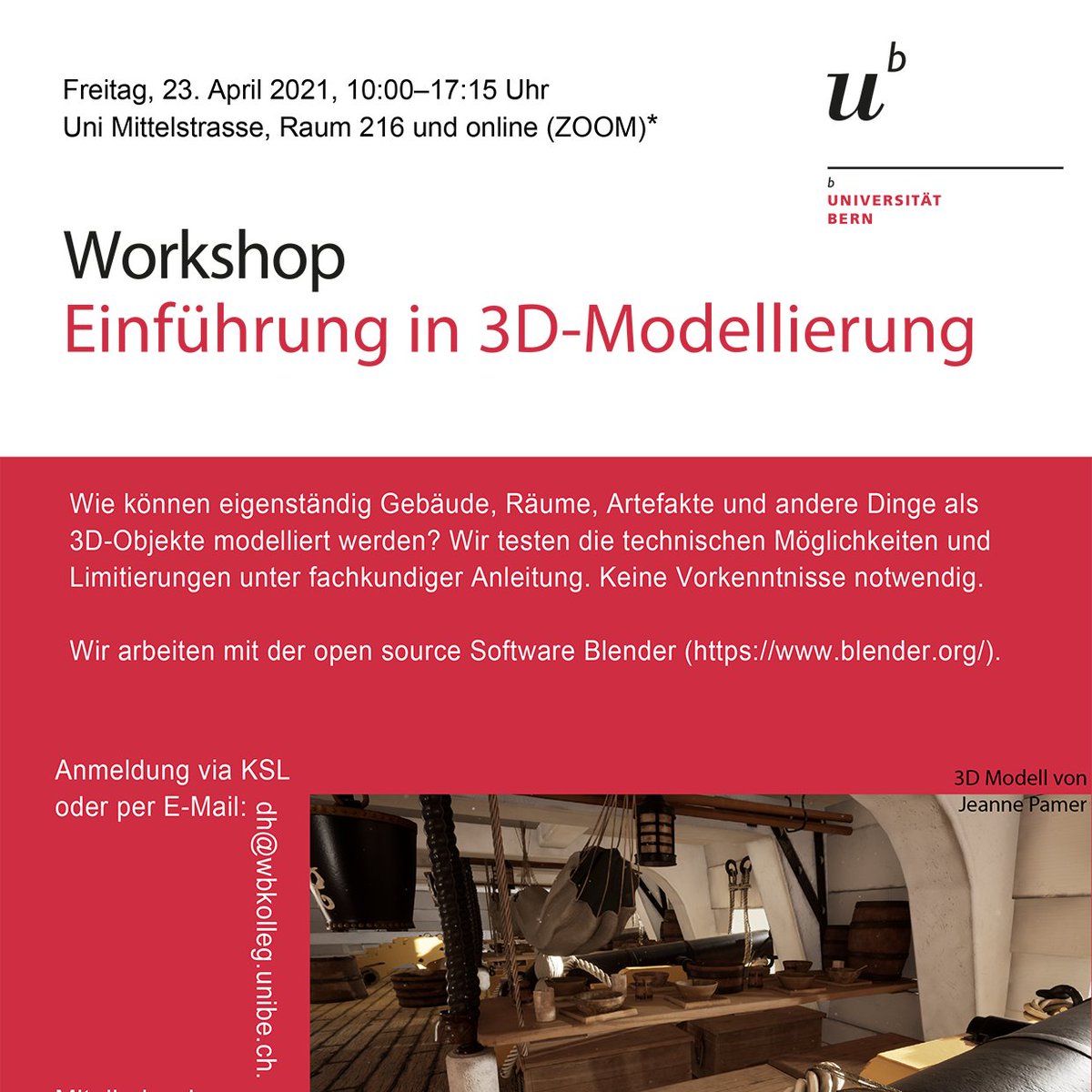 DH_unibe's tweet photo. Beim #Workshop „Einführung in 3D-Modellierung“ am Freitag 23. April 2021 sind noch Plätze frei!

Die Durchführung erfolgt über Zoom, weshalb Teilnahmen von überall her möglich sind.

Anmeldung: https://t.co/7FKYKwI0ml

#DigitalHumanities https://t.co/FXSLFGBmeG