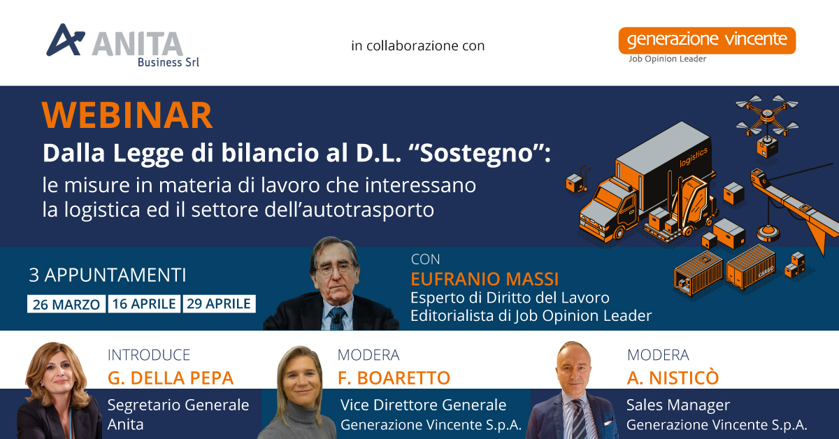 ANITA è lieta di invitarvi 𝐯𝐞𝐧𝐞𝐫𝐝𝐢̀ 𝟏𝟔 𝐚𝐩𝐫𝐢𝐥𝐞 al secondo incontro del ciclo di webinar 𝑫𝒂𝒍𝒍𝒂 𝑳𝒆𝒈𝒈𝒆 𝒅𝒊 𝒃𝒊𝒍𝒂𝒏𝒄𝒊𝒐 𝒂𝒍 𝑫.𝑳. "𝑺𝒐𝒔𝒕𝒆𝒈𝒏𝒐" tenuti da Eufranio Massi su #lavoro e #logistica. 
Per info e registrazione: lnkd.in/dRAxeSh